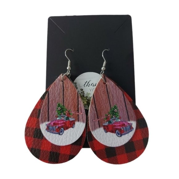Vintage Theme Faux Leather Holiday Earrings. - Picture 1 of 4